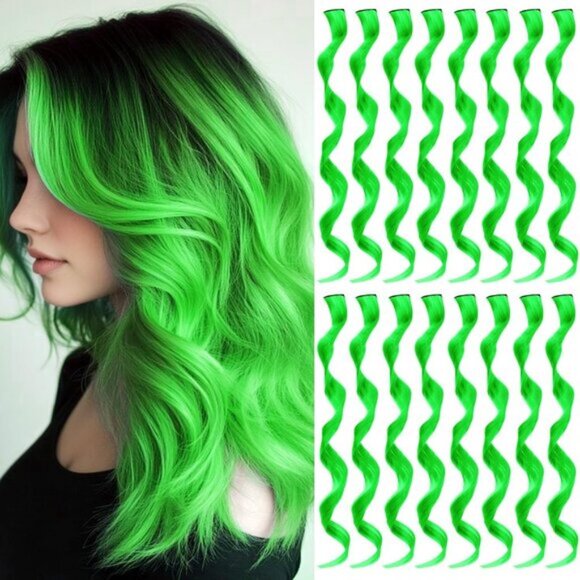 16PCS Curly Wavy Neon Green Streaks Synthetic Hairpiece Clip-in Hair Extensions